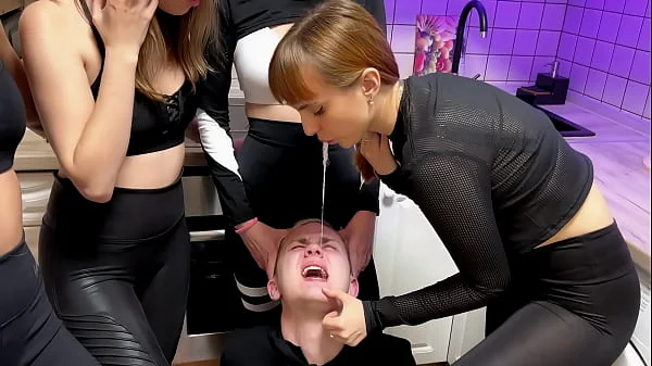 Many Rude Girls Spit In Slave's Mouth And Verbally Humiliate Him - Mouth Spitting Femdom