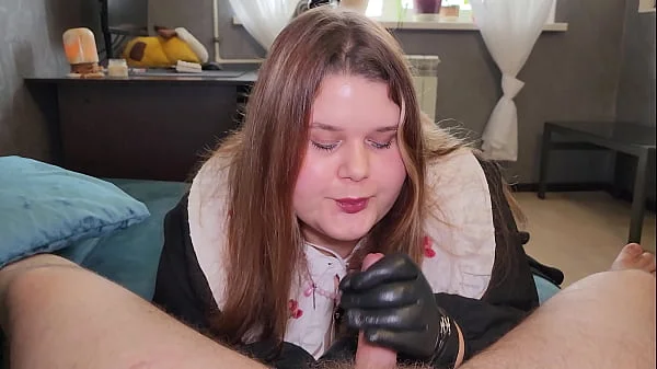 Massive cumshot - Mistress Chubby Vamp in Leather Gloves Does Hanjob with Elements of Blowjob