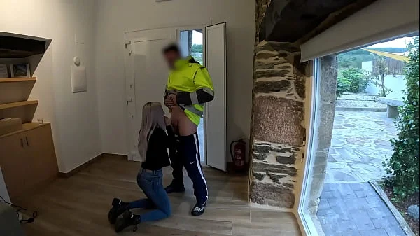 The delivery man comes home and I give him a surprise blowjob