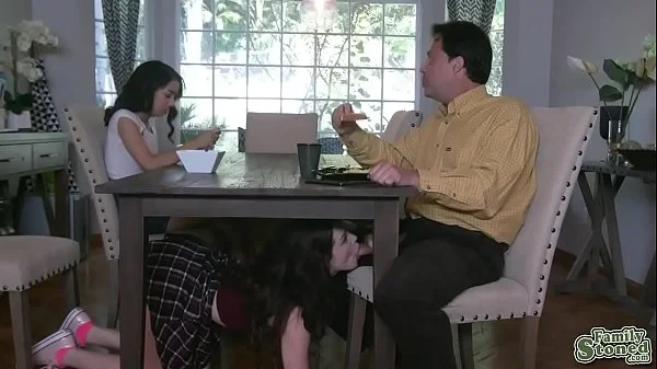 Bestie watching Aliya Brynn under the table as she sucks her stepdad