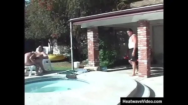 Old lady fucks in backyard by the pool