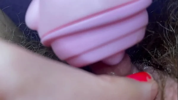 Testing Pussy licking clit licker toy big clitoris hairy pussy in extreme closeup masturbation