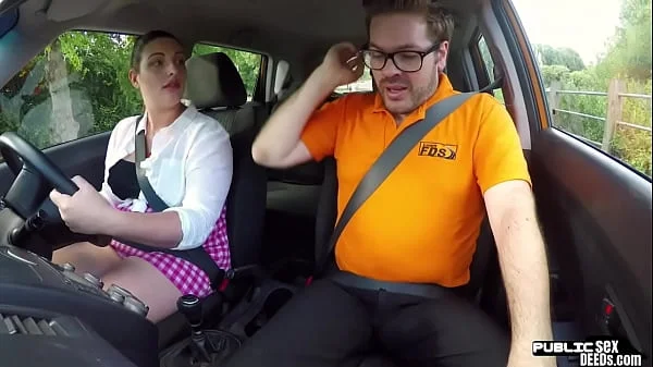 Chubby brit babe sucks off and rides her car instructor